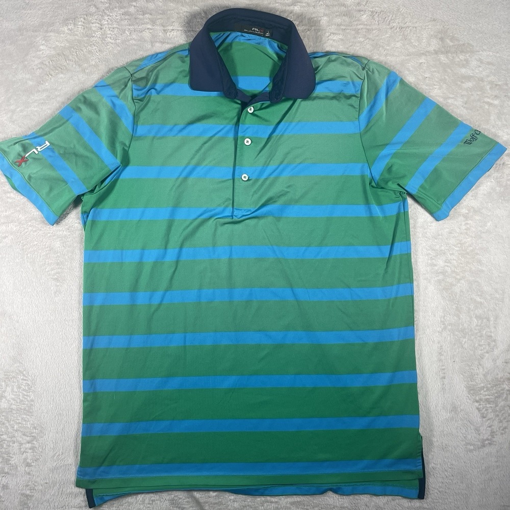 RLX Ralph Lauren Polo Mens Large Blue Green Striped Short Sleeve Wolf Creek‎